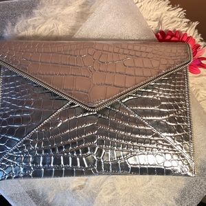 Metallic Silver Croc-Embossed Envelope Clutch - Women's Bag